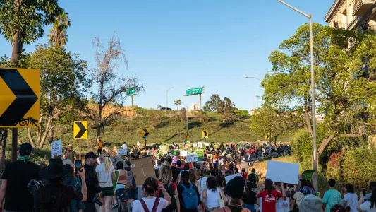 RAQUEL NATALICCHIO. Protestors marched northbound on the 110 freeway between 4th and Temple where they were met by law enforcement as they exited.
